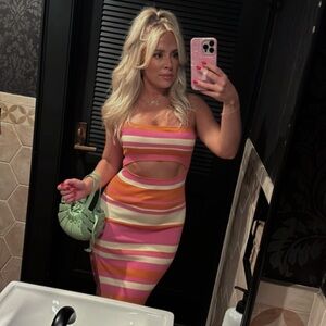 MABLE pink/orange/yellow strip bodycon dress with cutout